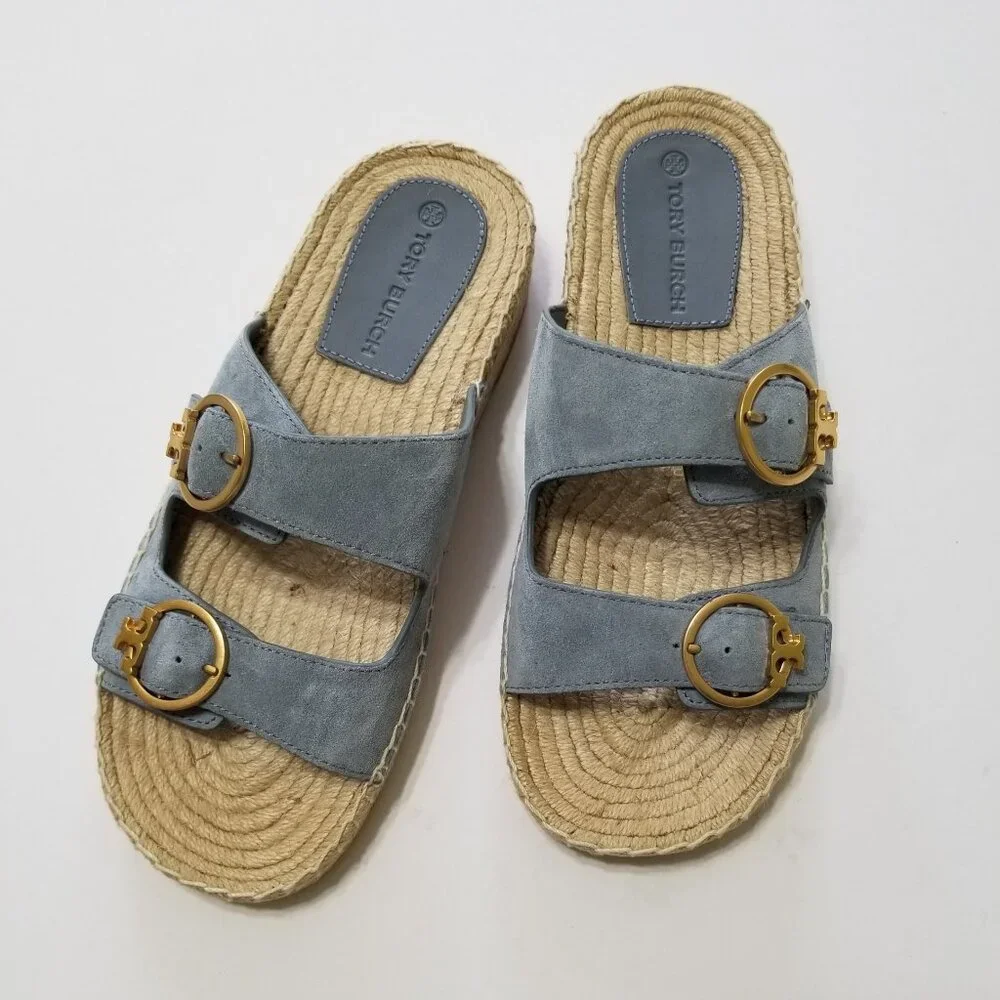 NWOB Tory‎ Burch Selby Two-Band Espadrille Slide Sandal in Blue Calla